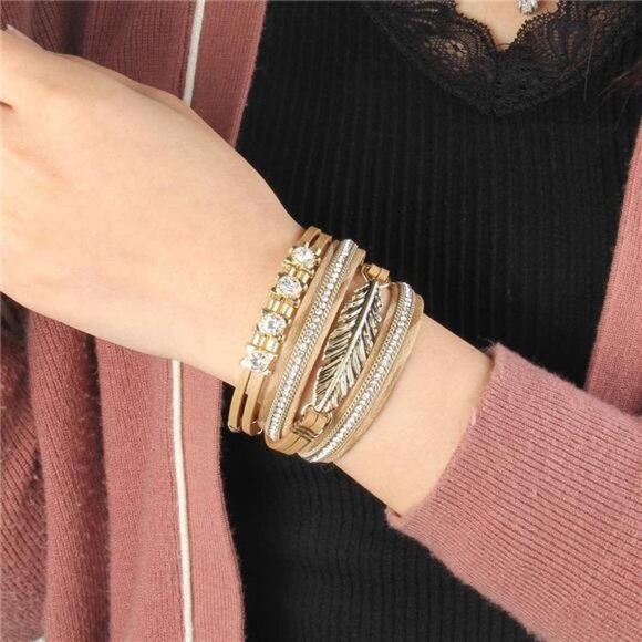 Leather Cuff Bracelet Feather Multi Strand Bracelet Wrap - Picture 2 of 6